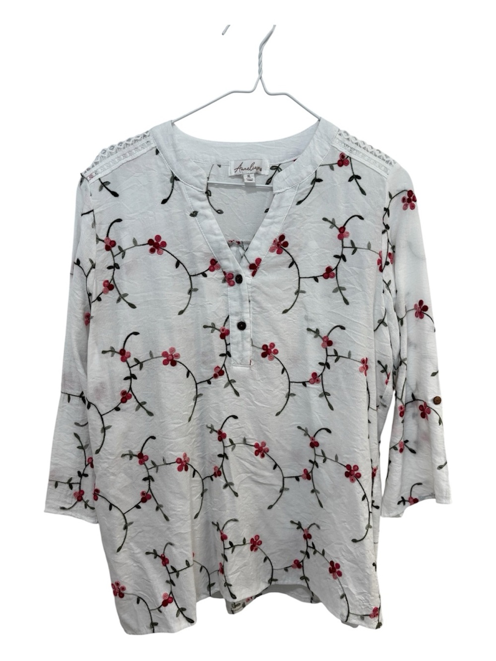 Embroidered Red, Pink, and Green Floral White V-Neck Tunic Top with Sleeves